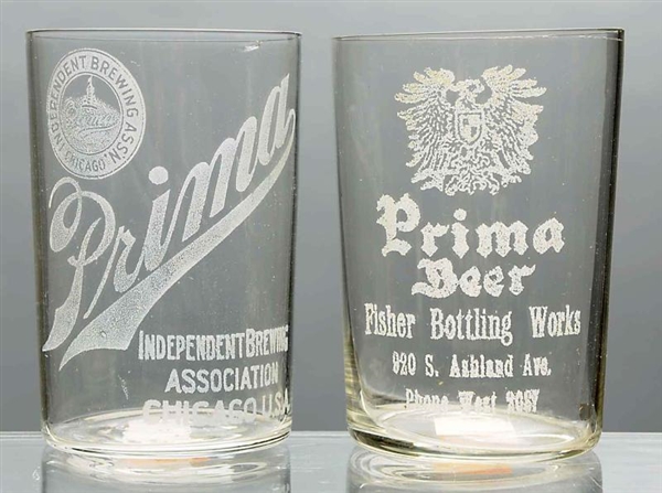 LOT OF 2: PRIMA BEER ACID-ETCHED BEER GLASSES.    