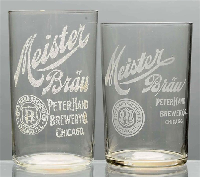 LOT OF 2: MEISTER BRAU ETCHED BEER GLASSES.       