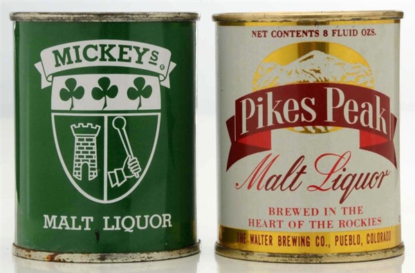 MICKEYS & PIKES PEAK 8-OUNCE FLAT TOP BEER CANS. 
