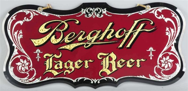 BERGHOFF LAGER BEER DIE-CUT REVERSE GLASS SIGN.   