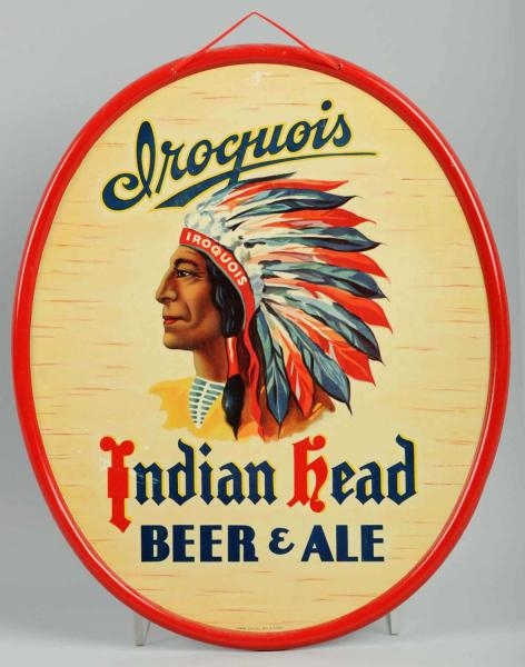 IROQUOIS INDIAN HEAD BEER & ALE TIN OVAL SIGN.    