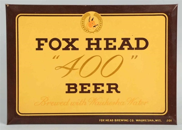 FOX HEAD 400 BEER TIN OVER CARDBOARD SIGN.        