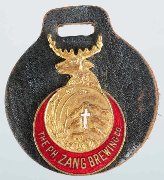 PH ZANG BREWING CO. PIN ON LEATHER FOB.           