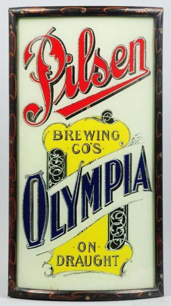 OLYMPIA BREWING CO. REVERSE GLASS CORNER SIGN.    
