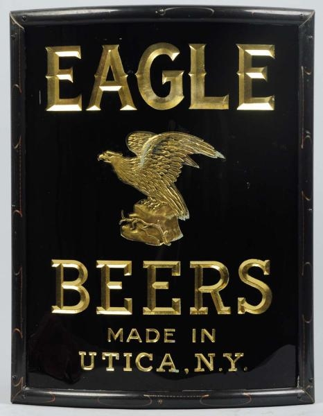 EAGLE BEERS REVERSE GLASS EMBOSSED TIN SIGN.      