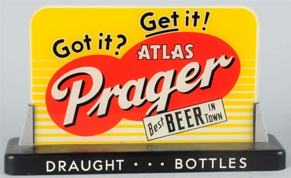ATLAS PRAGER BEER REVERSE GLASS PAINTED SIGN.     