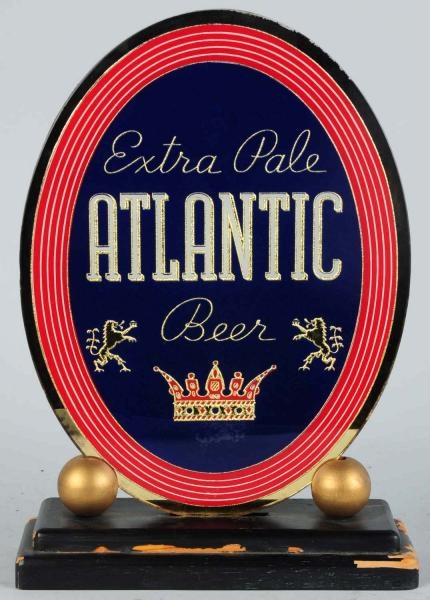 ATLANTIC BEER REVERSE GLASS SIGN WITH BASE.       