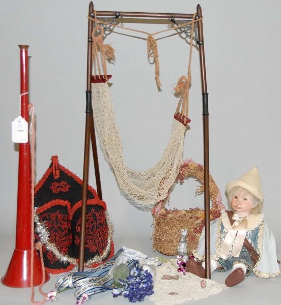ASSORTED DECORATIVE ITEMS AND ONE DOLL.           