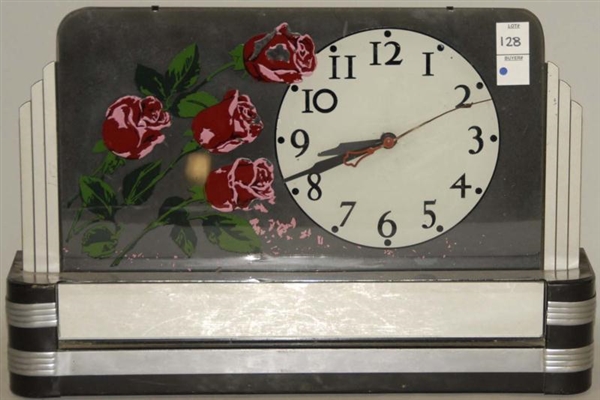 REVERSE GLASS CLOCK WITH ROSES.                   
