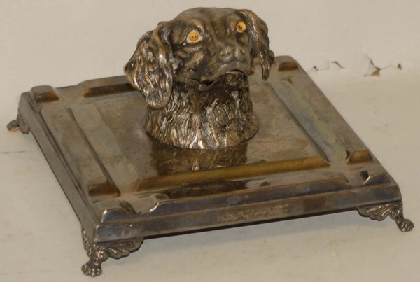 SILVER PLATED FIGURAL DOG HEAD INKWELL.           