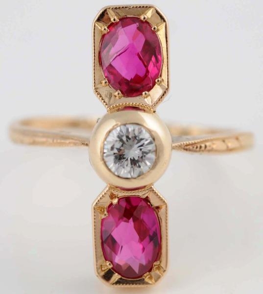 14K Y. GOLD DIAMOND & SYNTHETIC RUBY RING.        