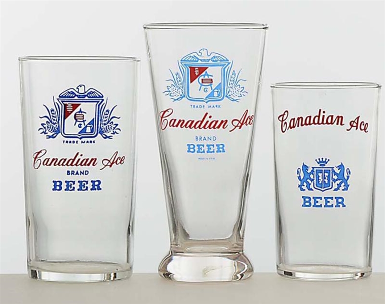 LOT OF 3: CANADIAN ALE ENAMELED BEER GLASSES.     