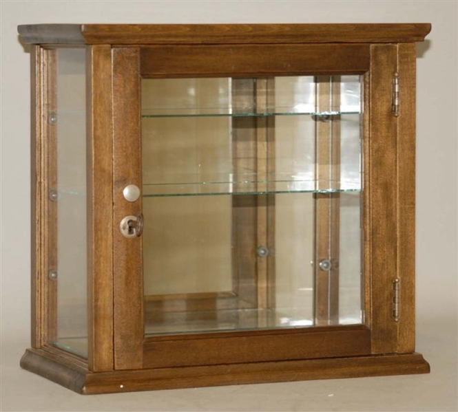 SMALL GLASS & WOOD TWO-SHELF DISPLAY CASE.        