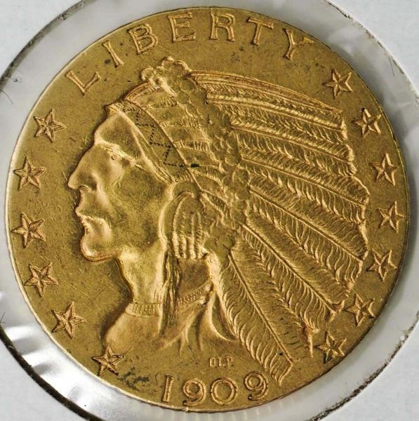 1909 D 5 DOLLAR INDIAN GOLD COIN AU.              