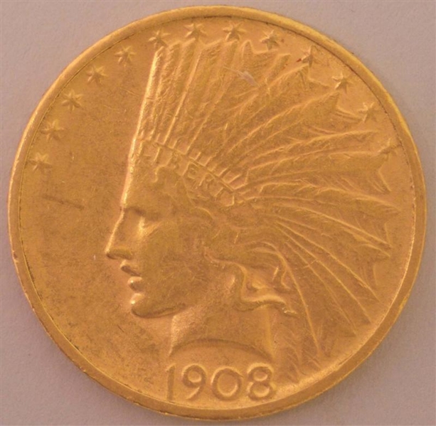 1908 D 10 DOLLAR GOLD COIN.                       