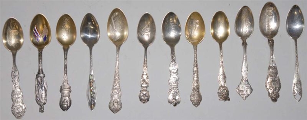 LOT OF 12: STERLING SILVER SOUVENIR SPOONS.       