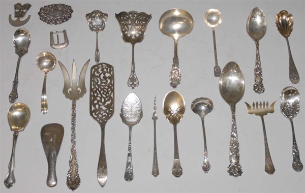 LOT OF 22: EARLY STERLING SILVER SERVING PIECES.  