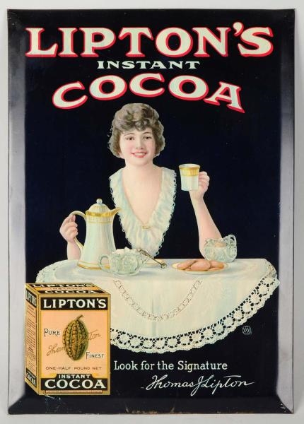 1915 LIPTONS COCOA TIN OVER CARDBOARD SIGN.      