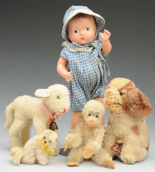 COMPOSITION DOLL & ANIMALS.                       