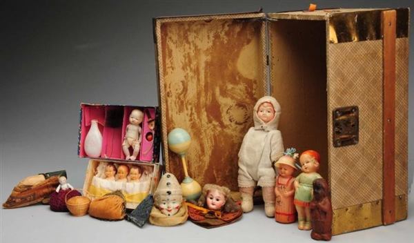 ANTIQUE DOLL TRUNK WITH TOYS AND ACCESSORIES.     