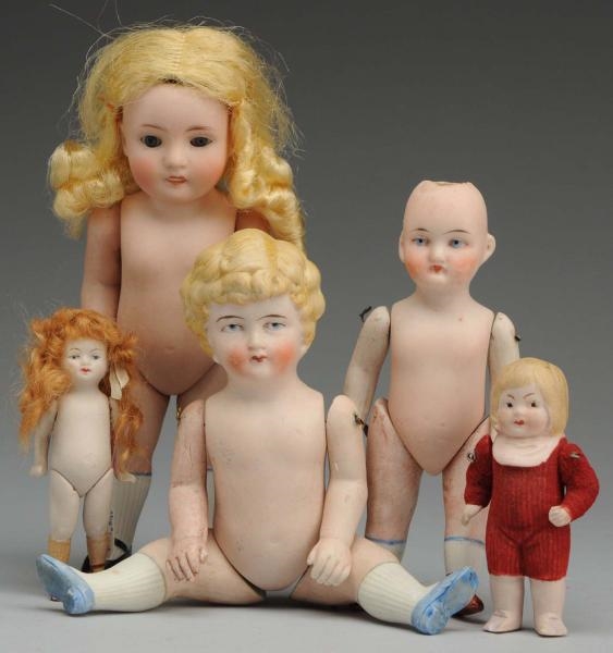 LOT OF 5: GERMAN ALL-BISQUE DOLLS.                