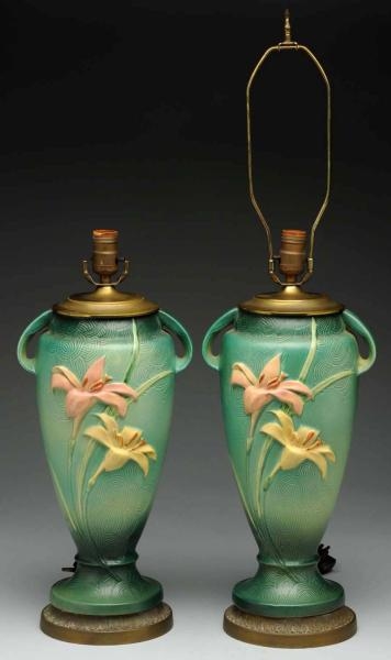PAIR OF ROSEVILLE ZEPHYR LILY LAMPS.              
