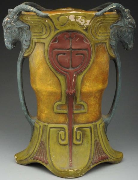 TWO-HANDLED CERAMIC VASE WITH APPLIED RAMS HEADS 