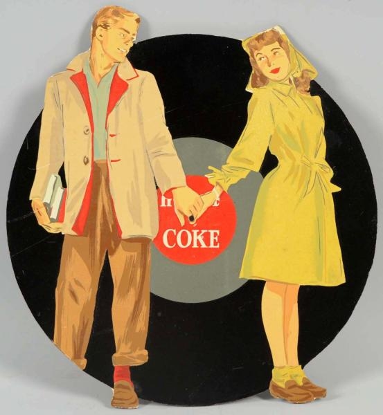 1950S COCA-COLA MASONITE TEENS & RECORD CUTOUT.   