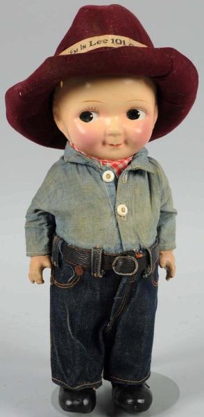 BUDDY LEE DOLL IN DENIM WITH RED HAT.             