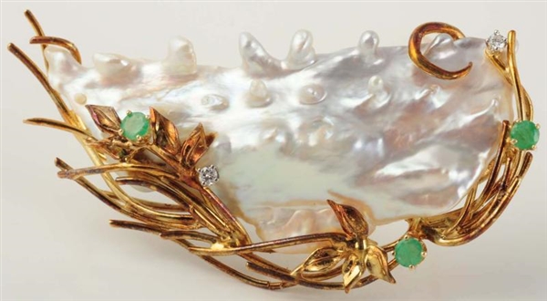 Y. GOLD MOTHER OF PEARL EMERALD DIAMOND BROOCH.   
