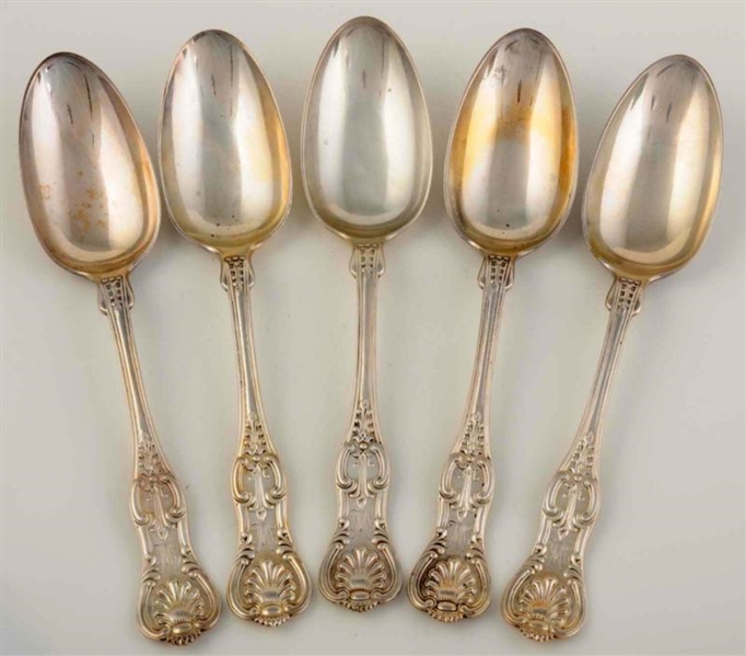 LOT OF 5: SERVING SPOONS BY E. CALDWELL.          