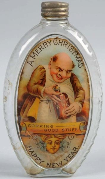 CHRISTMAS/NEW YEAR LABEL UNDER GLASS EARLY FLASK. 