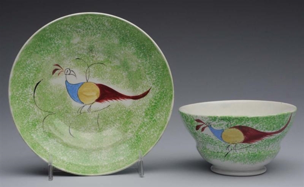 19TH CENTURY SPATTERWARE PEAFOWL CUP & SAUCER.    