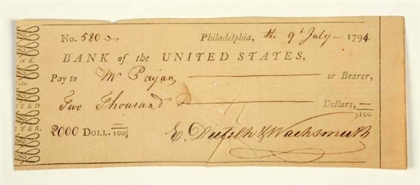 1794 BANK OF THE UNITED STATES BANK CHECK.        