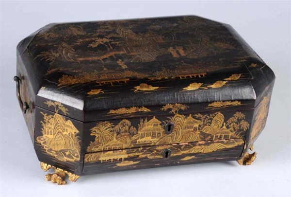 LACQUERED ORIENTAL SEWING BOX DATED 1846.         