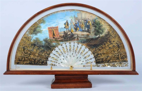 LARGE HAND-PAINTED MOTHER OF PEARL FAN.           