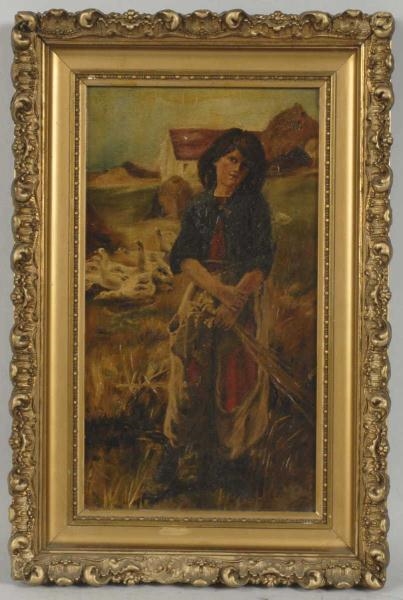 OIL ON CANVAS OF GIRL IN FARM SCENE WITH GEESE.   