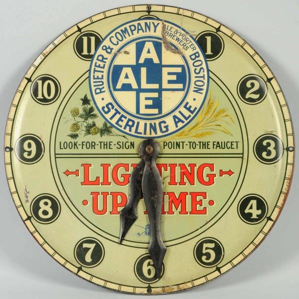 STERLING ALE 1914 TIN CLOCK FACE SIGN.            