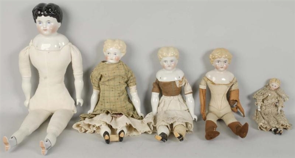 LOT OF 5: ASSORTED CHINA & BISQUE HEAD DOLLS.     