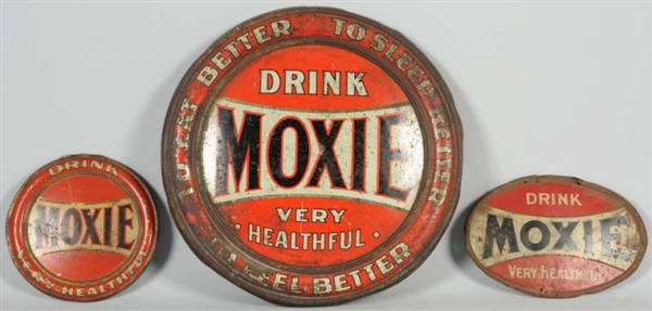 LOT OF 3: TIN MOXIE ADVERTISING SIGNS.            