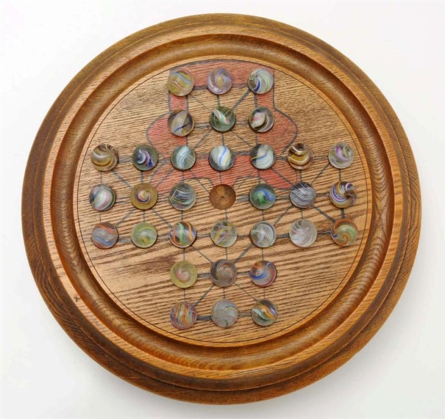 GENERAL GRANT BOARD WITH 32 SWIRL MARBLES.        
