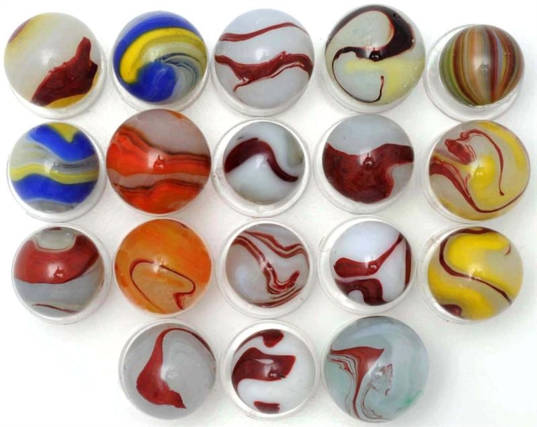 LOT OF 18: AKRO AGATE MARBLES.**                  