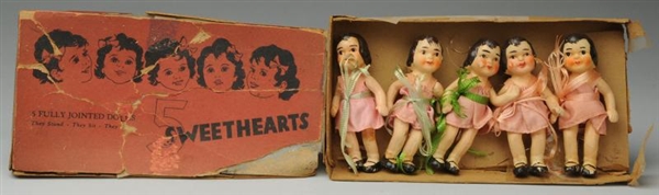 SMALL SET OF 5 QUINTUPLET DOLLS IN BOX.           