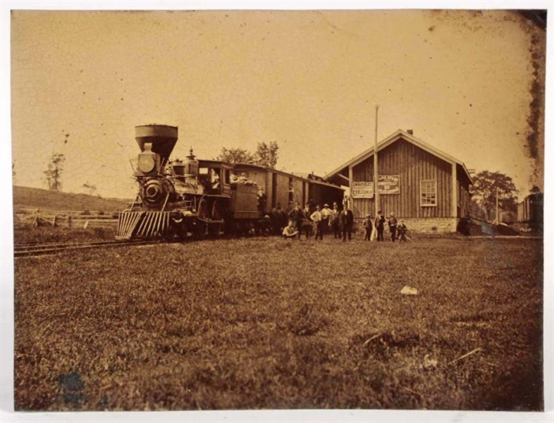 VERY LARGE RAILROAD STATION TINTYPE.              