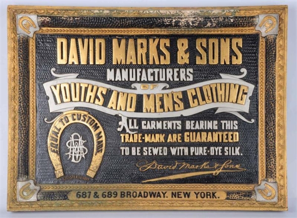 DAVID MARKS & SONS HEAVILY EMBOSSED GESSO SIGN.   