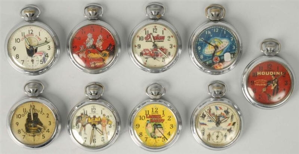LOT OF 9: COMIC & ADVERTISING POCKET WATCHES.     