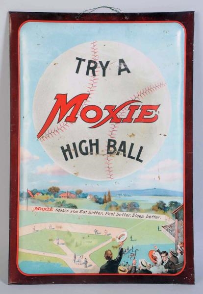 EXTREMELY RARE MOXIE TIN OVER CARDBOARD SIGN.     