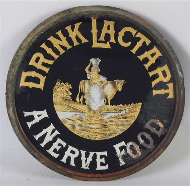 1900 LACTART NERVE FOOD REVERSE ON GLASS SIGN.    