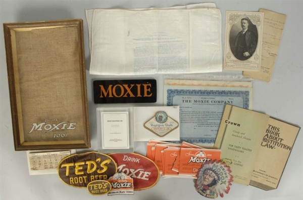 ASSORTED BOX LOT OF MISCELLANEOUS MOXIE ITEMS.    