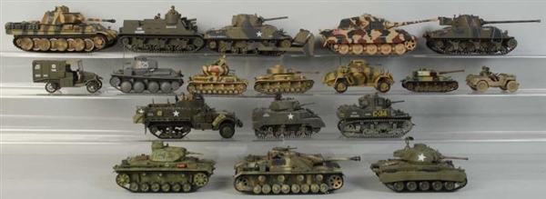 LOT OF 18: MODERN PRODUCTION TOY TANKS.           